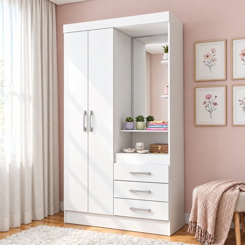 Guarda Roupas Juvenil / Infantil 2 Portas 3 Gavetas com Espelho Irís Branco Espresso Moveis