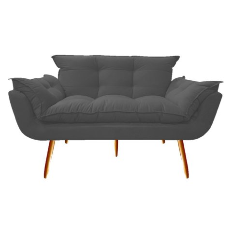 Namoradeira Decorativa Opala Suede Cinza 2 Lugares Pés Madeira Mz Decor