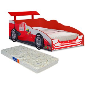 Cama Solteiro com Proteção Lateral Carro Formula I Vermelho com Colchão