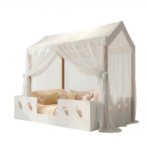 Cama Casinha Montessoriana Isa em Mdf + Voal Mosquiteiro e Dossel para Quarto Infantil - Branco