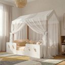 Ver imagem 3 de Cama Casinha Montessoriana Isa em Mdf + Voal Mosquiteiro e Dossel para Quarto Infantil - Branco