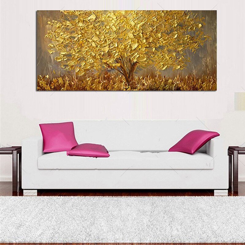 Pintada à mão, grande paleta de pinturas 3d, faca, árvore de ouro, moderna, pintura a óleo de paisag - 3