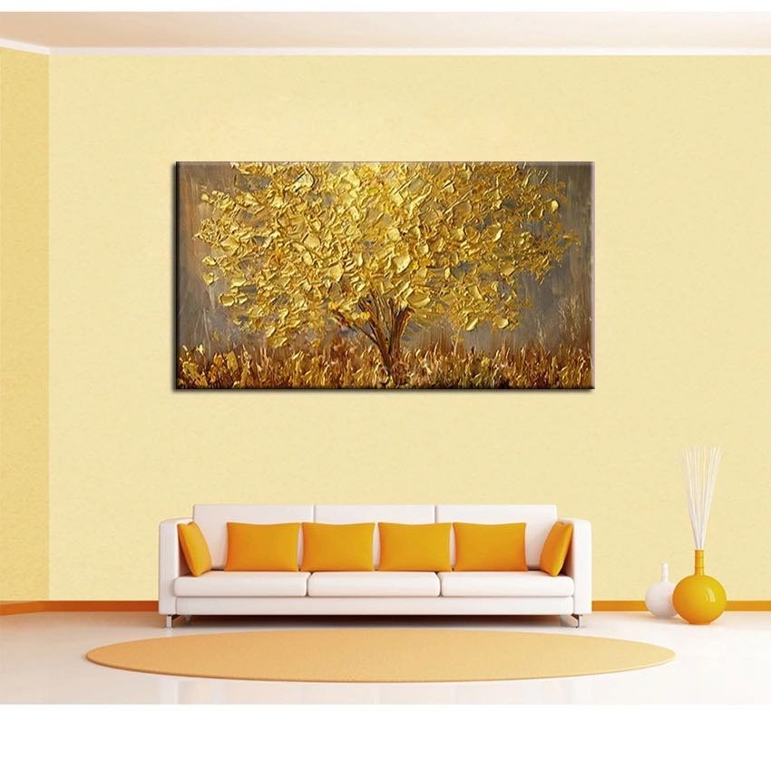Pintada à mão, grande paleta de pinturas 3d, faca, árvore de ouro, moderna, pintura a óleo de paisag - 6