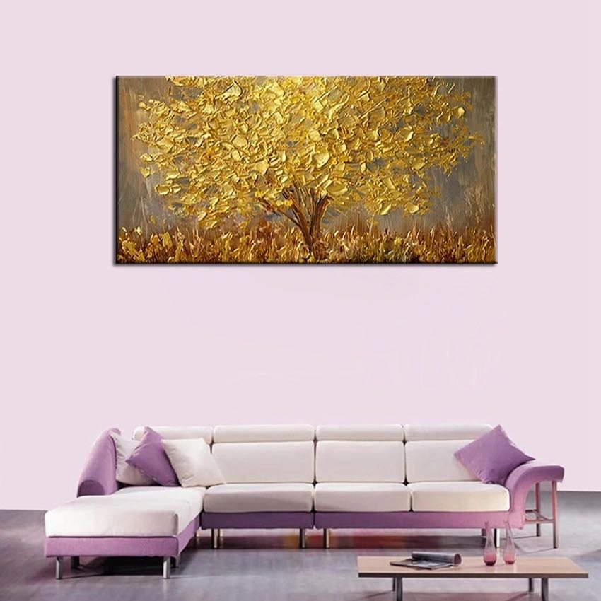 Pintada à mão, grande paleta de pinturas 3d, faca, árvore de ouro, moderna, pintura a óleo de paisag - 5