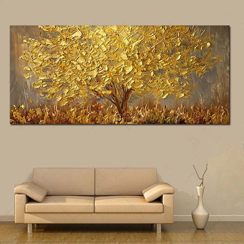 Pintada à mão, grande paleta de pinturas 3d, faca, árvore de ouro, moderna, pintura a óleo de paisag - 1