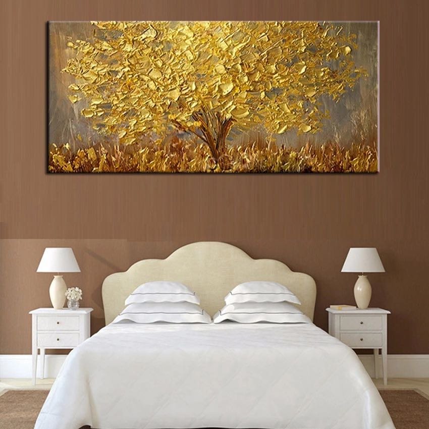Pintada à mão, grande paleta de pinturas 3d, faca, árvore de ouro, moderna, pintura a óleo de paisag - 4