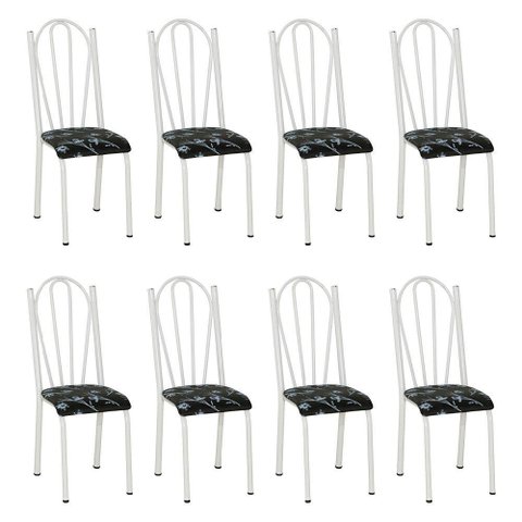 Kit 8 Cadeiras de Cozinha Alasca Estampado Preto Florido Pés de Ferro Branco - Pallazio