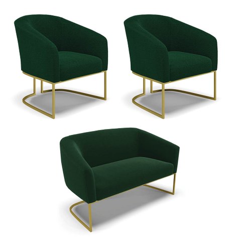 Namoradeira e 2 Poltronas Industrial Dourado Stella Bouclê Verde D03 - D'Rossi