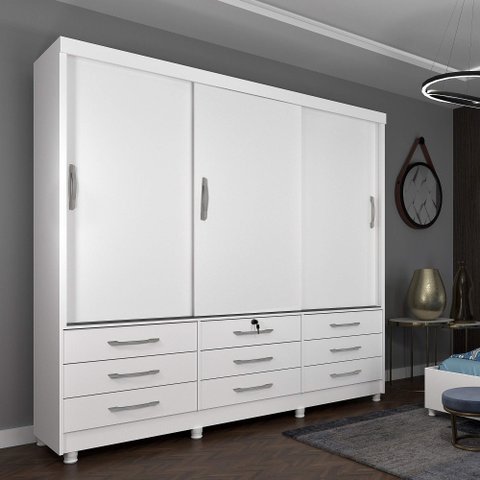 Guarda Roupa Casal 3 Portas 9 Gavetas Chicago Tcil:BRANCO