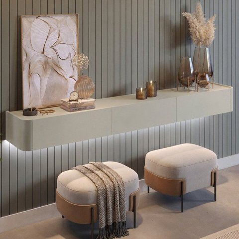 Aparador Suspenso 100% MDF 3 Gavetas 180cm com LED Apolo Branco/Off White