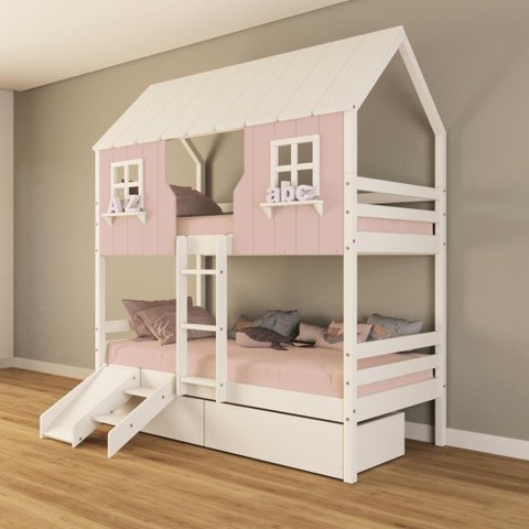Beliche Casinha Encantada com 02 Gavetas Kit Escada/ Escorregador Madeira Maciça Rosa/ Branco