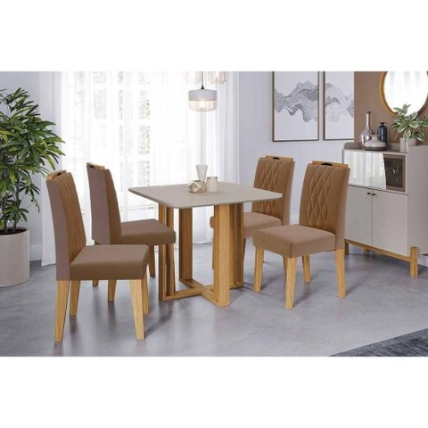 Conjunto: Mesa de Cozinha Flora Tampo Madeirado C/ Vidro 95x95cm e 4 Cadeiras Juliana Cinamomo/off