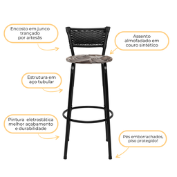 Banqueta para Bancada Banco Alto Junco Preto Balcão Cozinha Gourmet Bar Área de Lazer Piscina - 5