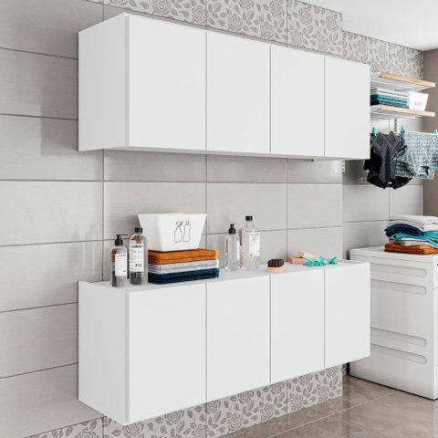 Armário Aéreo e Balcão para Lavanderia 118cm Monna Branco Z34 - Mpozenato