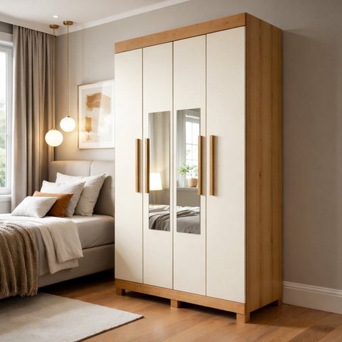 Guarda-Roupa Casal 4 Portas 2 Gavetas com Espelho 100% MDF Jandaia Off White/Cinamomo