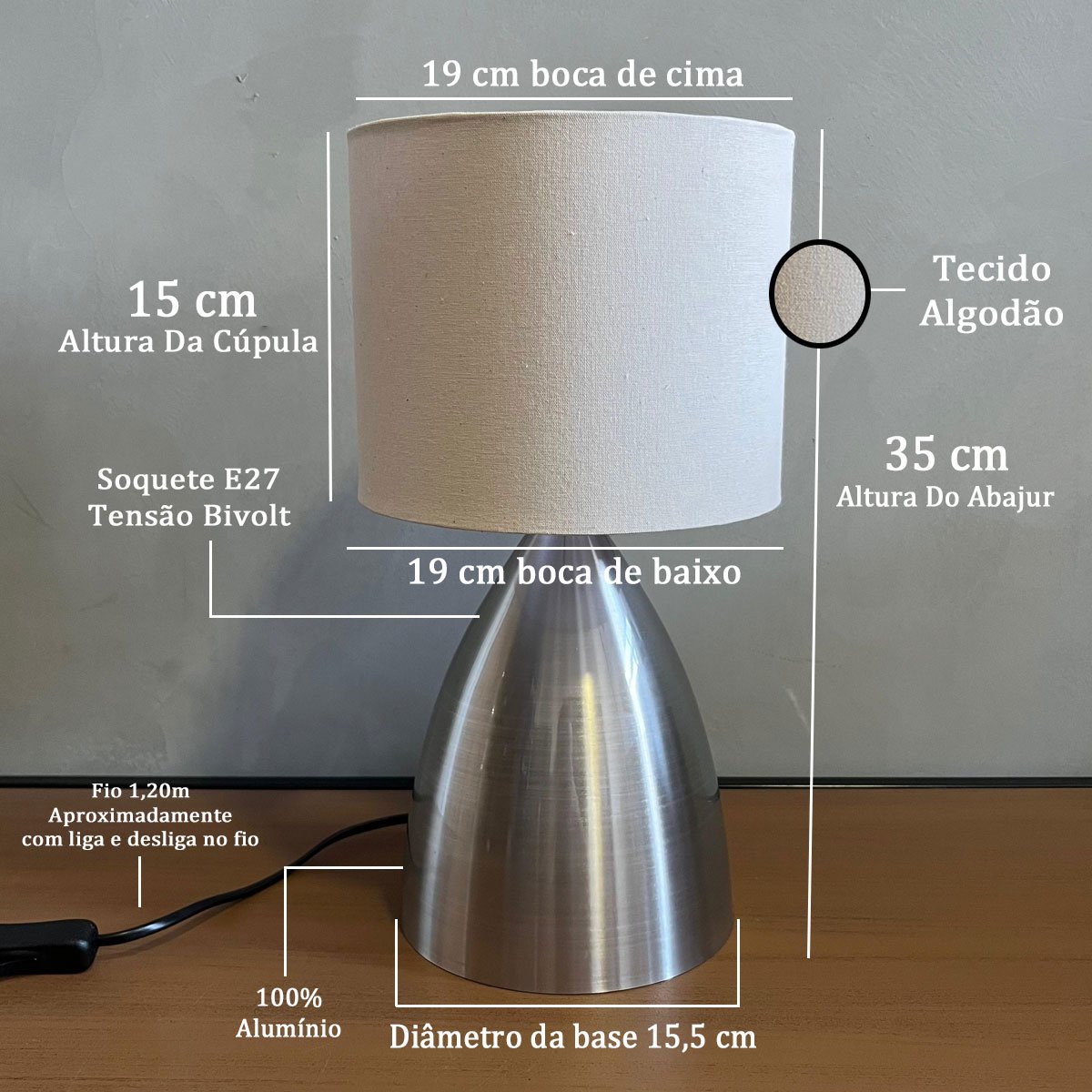 Abajur Luminaria de Mesa Classico Escovado com Cupula Bege Tecido Algodao Bivolt - 2