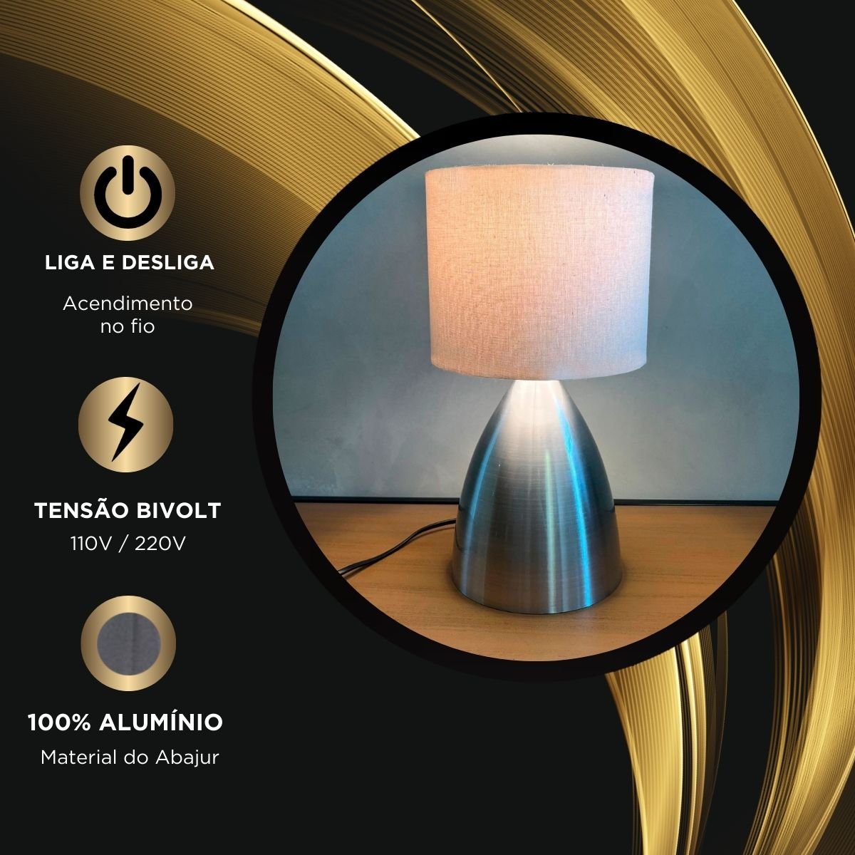 Abajur Luminaria de Mesa Classico Escovado com Cupula Bege Tecido Algodao Bivolt - 3