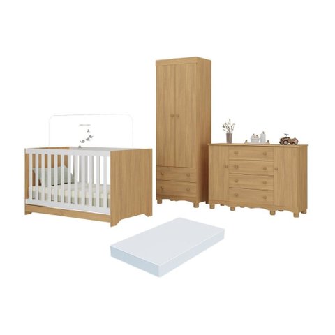 Quarto de Bebê Completo Berço Americano 3 em 1 Colchão Dengo Multimóveis Mp4612 Madeirado