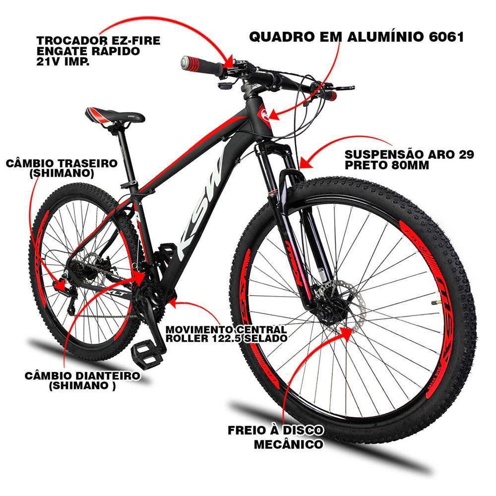 Bicicleta 21V Ksw Xlt Aro 29 Câmbios Shimano Alumínio 17" Preto/Vermelho - 23 - 3