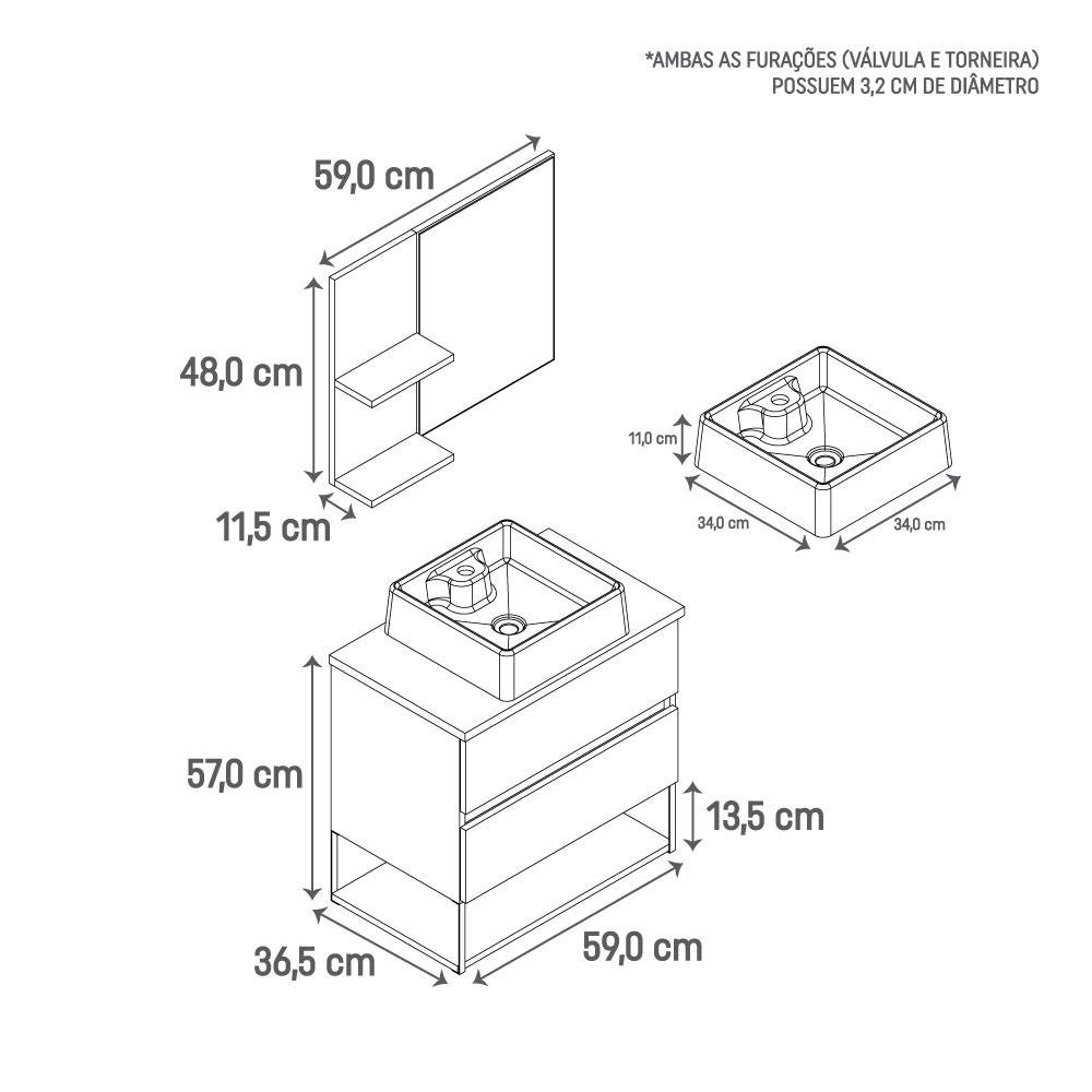 Conjunto Gabinete Lavatório C Tampo em Pedra Natural, Cuba Branca, Prateleira e Espelho para - 3