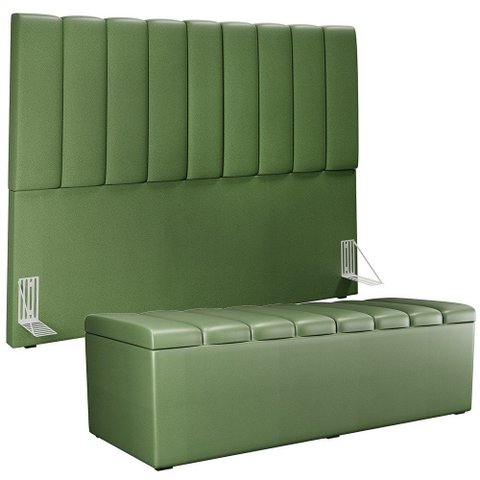 Kit Cabeceira Cama Box Casal King 195cm com Calçadeira Baú Dália W01 Couríssimo Verde Musgo - Lyam L