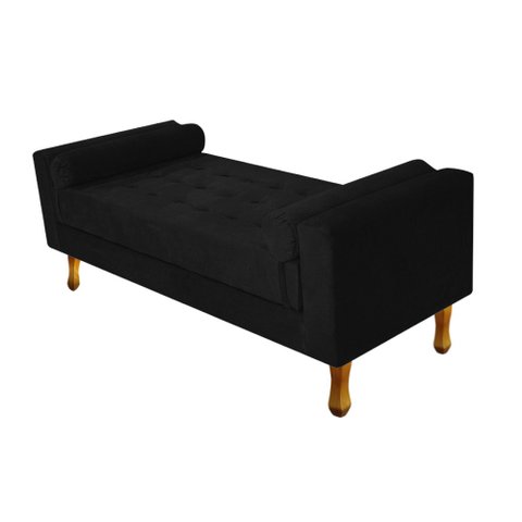 Recamier Divã Félix Baú 0,90M Estofado Luiz XV Sofá Suede Preto para Sala de Estar