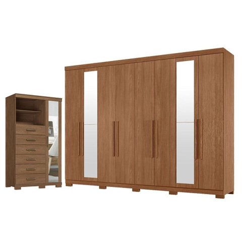 Guarda Roupa Casal com Cômoda Master New 8 Portas de Bater 4 Gavetas MDP com Espelho e Pés Santos