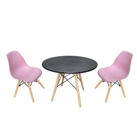 Kit Mesa Infantil Eames Preta 60cm + 2 Cadeiras Eames Infantil Rosa