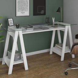 Mesa para Escritório Escrivaninha Home Office Tampo de Vidro 150x75 Cristal A02 Branco - Lyam Decor - 2
