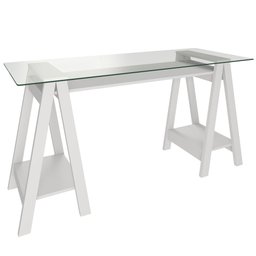 Mesa para Escritório Escrivaninha Home Office Tampo de Vidro 150x75 Cristal A02 Branco - Lyam Decor - 1