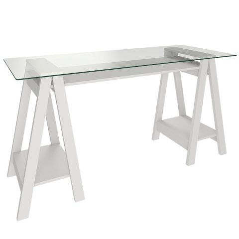 Mesa para Escritório Escrivaninha Home Office Tampo de Vidro 150x75 Cristal A02 Branco - Lyam Decor