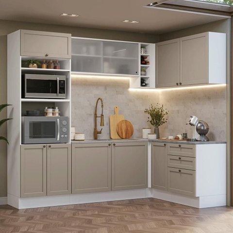 Armário de Cozinha Completa de Canto 399 Cm Branco/crema Vik Madesa 01