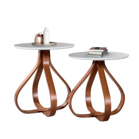 Kit Mesa Lateral Cebola Redondo Vidro MDF Pé Madeira Castanho 50cm Laca Branco
