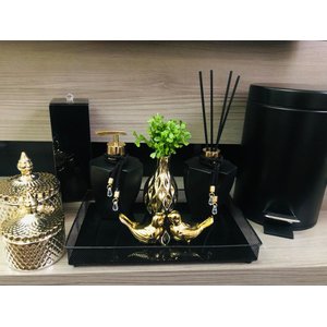 Kit Lavabo Preto Dourado Lixeira Porta Escovas Potes Aroma Sabonete