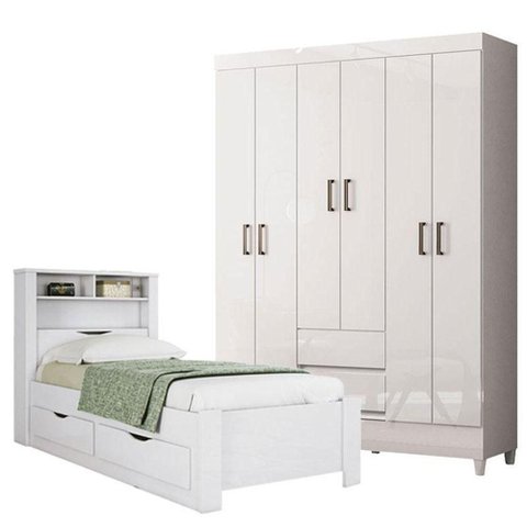 Guarda Roupa Casal Fit 6 Portas de Bater 2 Gavetas MDP com Pés e Cama Solteiro Branco Brilho Santos