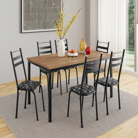 Conjunto Sala de Jantar Mesa Retangular Tampo BP com 6 Cadeiras Adriana Preto/Silver/Demolição