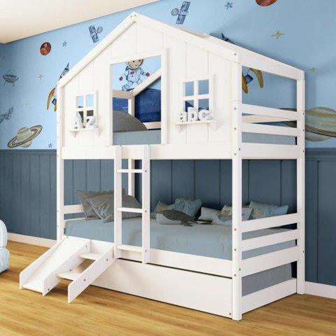 Treliche Casinha Dos Sonhos com Kit Escada/ Escorregador Madeira Maciça Branco Megamobilia