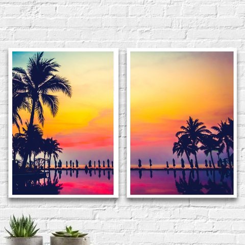 Kit 2 Quadros Praia Por Do Sol 24x18cm - com vidro:Madeira preta