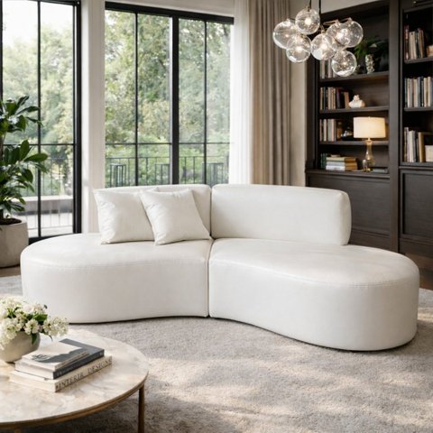 Sofá Orgânico Curvo Quatro Lugares 250cm em Corino Ocre Luxuoso com Almofadas