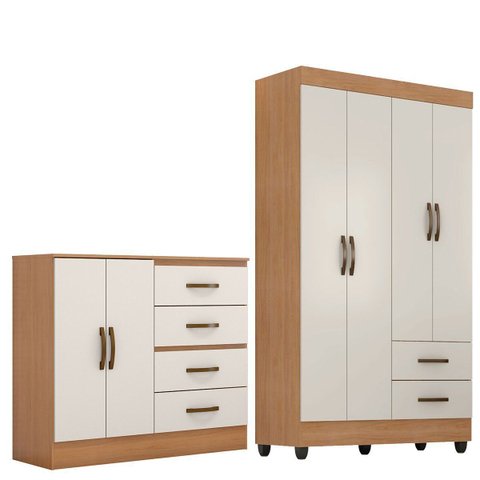 Kit Guarda-roupa Solteiro 4 Portas e Cômoda Sapateira 2 Portas Lisa Nature/off White