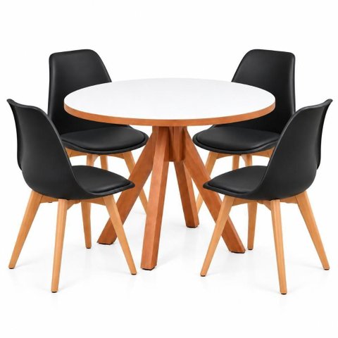 Conjunto Mesa Dallas Redonda 90cm Branca com 4 Cadeiras Leda Pretas MDF Decoreshop