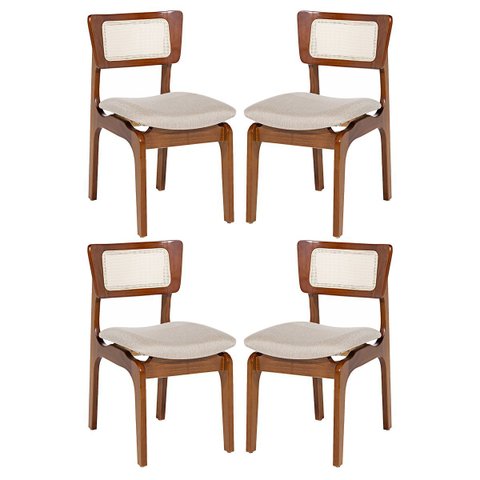 Kit 4 Cadeiras de Jantar Portugal em Madeira Imbuia Encosto Tela Rattan Linho Bege M58