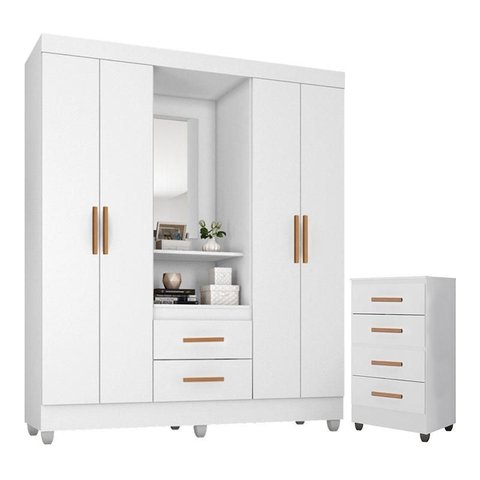 Guarda Roupa Casal Capela com Cômoda 4 Gavetas Lite Branco Brilho - Móveis Leão
