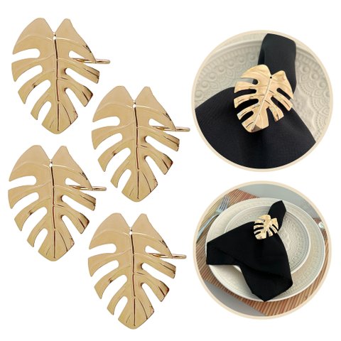 Kit 4 Pçs Anel Porta Guardanapo De Tecido Pano Metálico Folha Costela de Adão Argola Prendedor