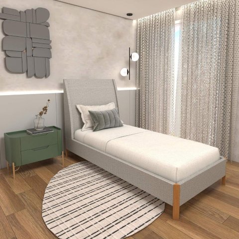 Cama Solteiro com Cabeceira e Mesa de Cabeceira 100% Mdf Cor:linho Aluminio com Musgo