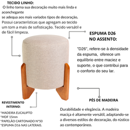 Puff Decorativo Redondo com Pés de Madeira Maciça Linho Piave - 5