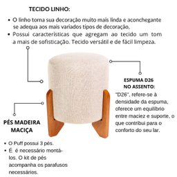 Puff Decorativo Redondo com Pés de Madeira Maciça Linho Piave - 4