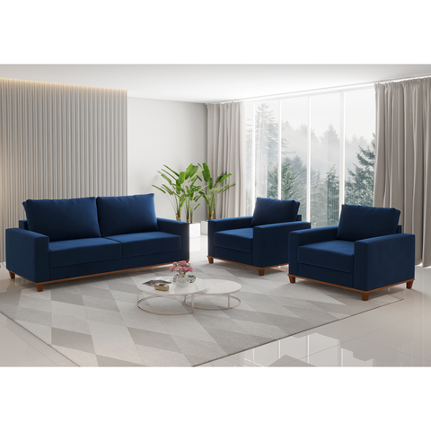 Conjunto Estofado Living 3 Lugares + 2 Poltrona Napoles Veludo Azul - Casa Giulia