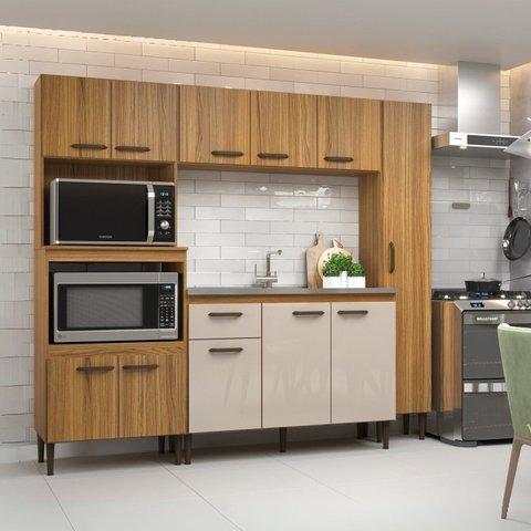 Cozinha Modulada Compacta 4 Peças Berlim Marrom/Ipê/Cristalo