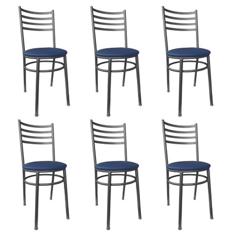 Conjunto 6 Cadeiras Jantar de Metal Preto e Assento Estofado Azul Escuro